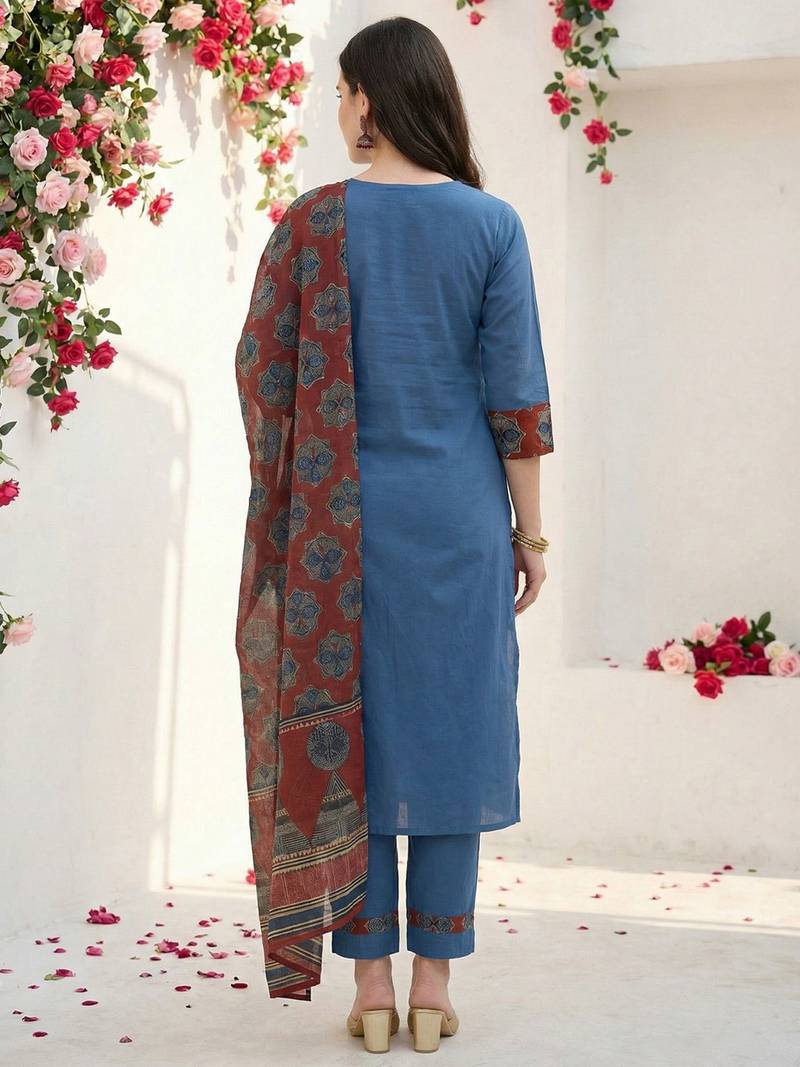 Women Ethnic Motifs Yoke Design Regular Thread Work Pure Cotton Kurta with Trousers & With Dupatta
