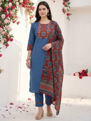 Women Ethnic Motifs Yoke Design Regular Thread Work Pure Cotton Kurta with Trousers & With Dupatta 5