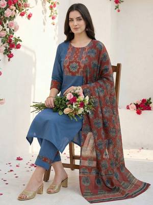 Women Ethnic Motifs Yoke Design Regular Thread Work Pure Cotton Kurta with Trousers & With Dupatta 6