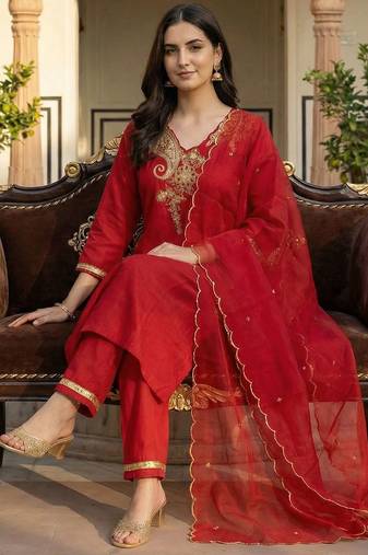 Women Ethnic Motifs Embroidered Regular Thread Work Liva Kurta with Trousers & With Dupatta