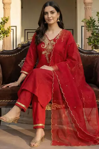 Women Ethnic Motifs Embroidered Regular Thread Work Liva Kurta with Trousers & With Dupatta