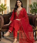 Women Ethnic Motifs Embroidered Regular Thread Work Liva Kurta with Trousers & With Dupatta