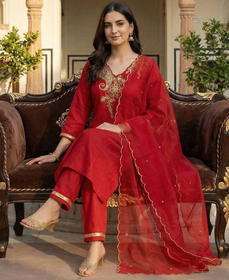 Women Ethnic Motifs Embroidered Regular Thread Work Liva Kurta with Trousers & With Dupatta