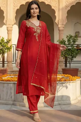 Women Ethnic Motifs Embroidered Regular Thread Work Liva Kurta with Trousers & With Dupatta