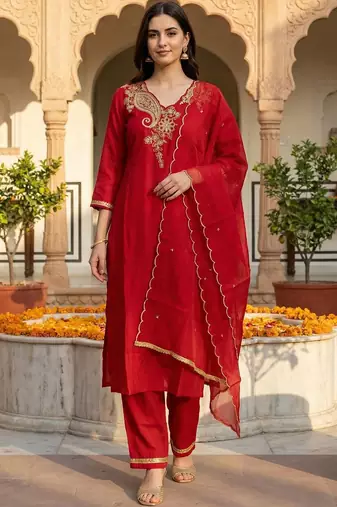 Women Ethnic Motifs Embroidered Regular Thread Work Liva Kurta with Trousers & With Dupatta