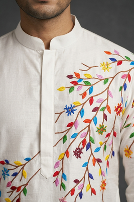 Off white silk kurta set for men's 3