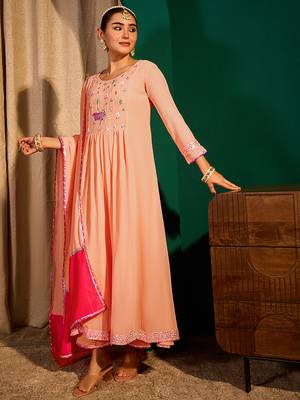 Embroidered Georgette Flared Kurta Pant and Dupatta Set 1