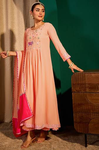 Embroidered Georgette Flared Kurta Pant and Dupatta Set