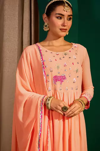 Embroidered Georgette Flared Kurta Pant and Dupatta Set