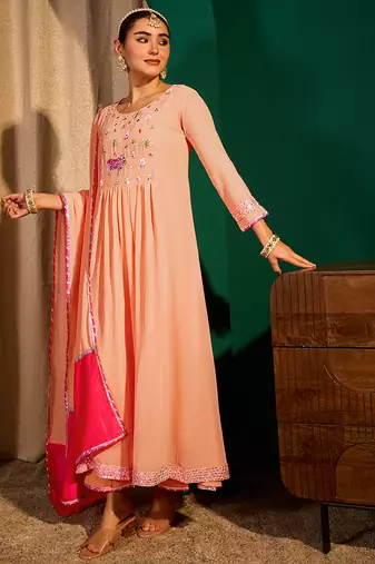 Embroidered Georgette Flared Kurta Pant and Dupatta Set