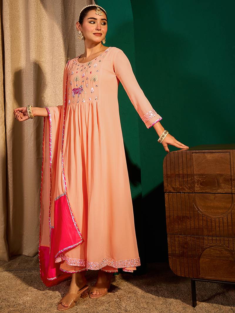 Embroidered Georgette Flared Kurta Pant and Dupatta Set