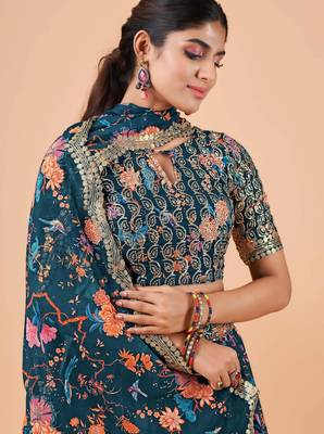 Digital Floral Print Faux Georget Multi Sequnce Work Lehenga Choli With Unstitched Blouse and Stitched Dupatta 5