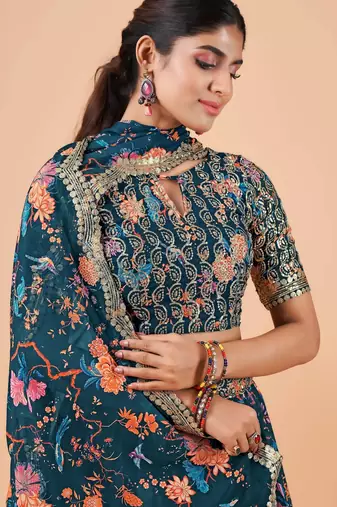 Digital Floral Print Faux Georget Multi Sequnce Work Lehenga Choli With Unstitched Blouse and Stitched Dupatta