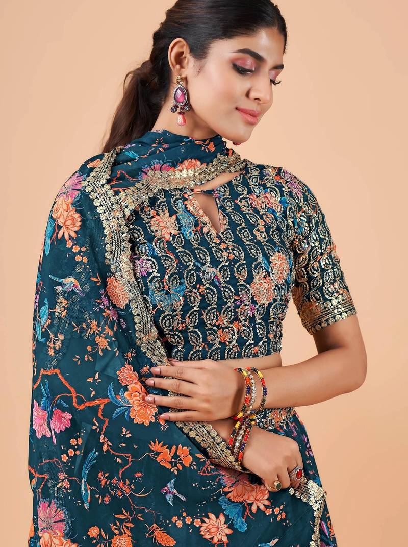 Digital Floral Print Faux Georget Multi Sequnce Work Lehenga Choli With Unstitched Blouse and Stitched Dupatta