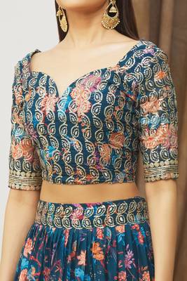 Digital Floral Print Faux Georget Multi Sequnce Work Lehenga Choli With Unstitched Blouse and Stitched Dupatta 6