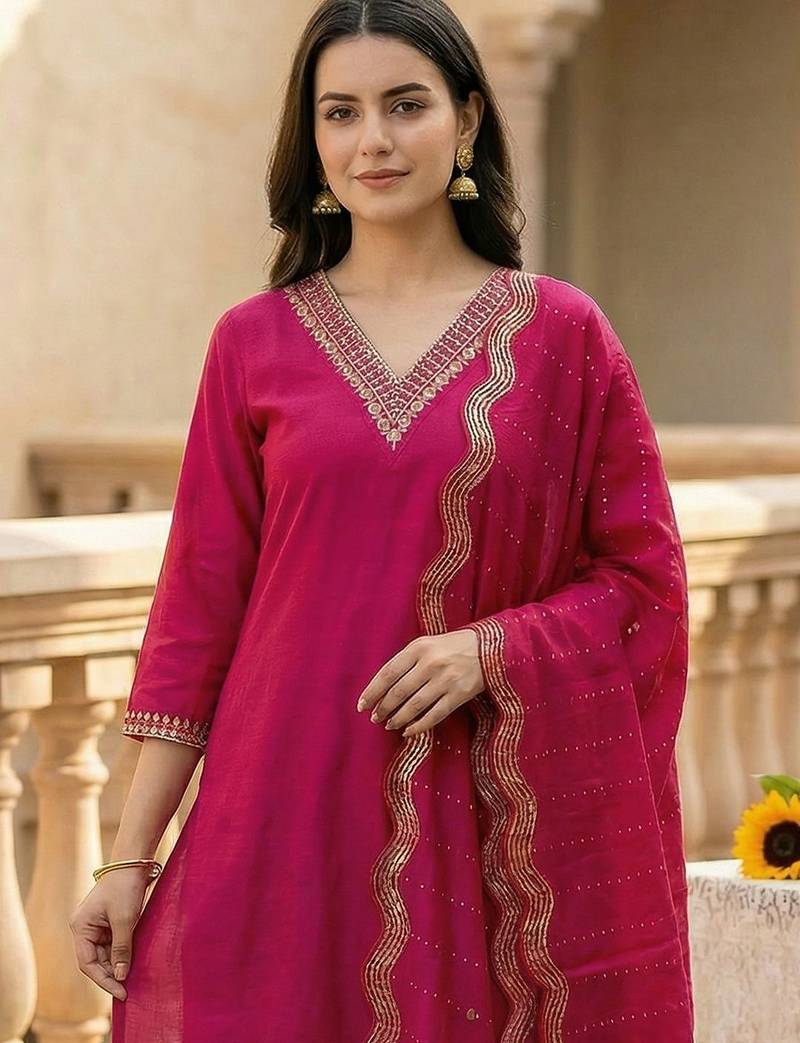 Women Embroidered Regular Kurta with Trousers & With Dupatta
