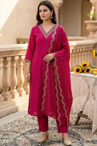 Women Embroidered Regular Kurta with Trousers & With Dupatta