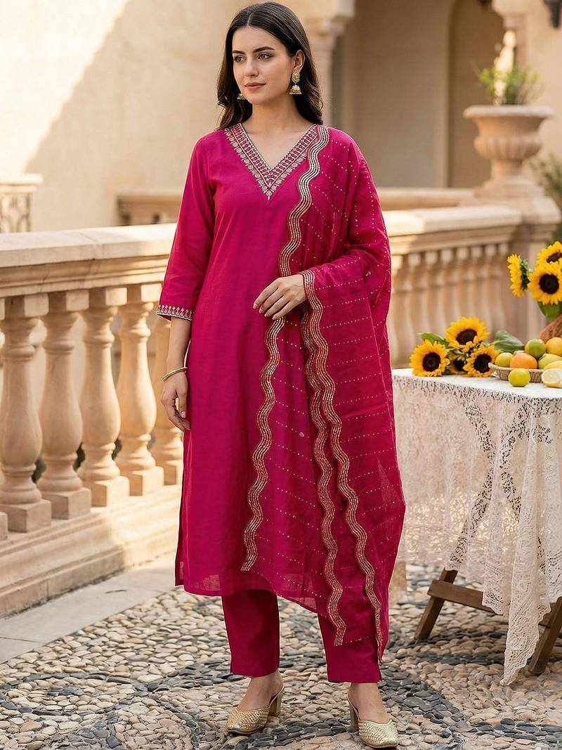 Women Embroidered Regular Kurta with Trousers & With Dupatta