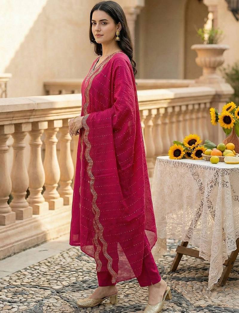 Women Embroidered Regular Kurta with Trousers & With Dupatta