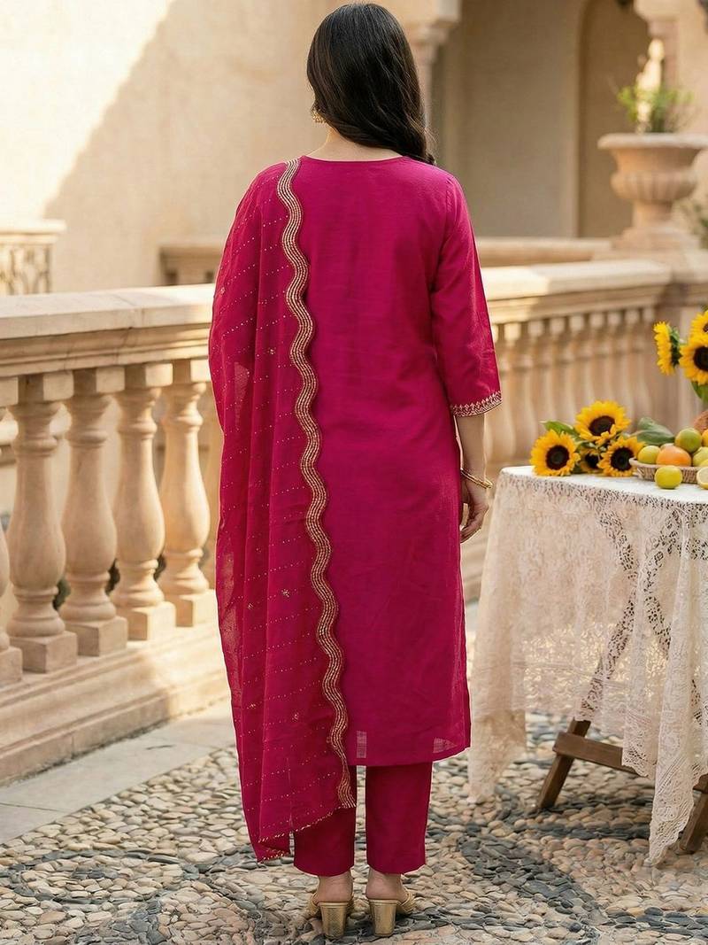 Women Embroidered Regular Kurta with Trousers & With Dupatta