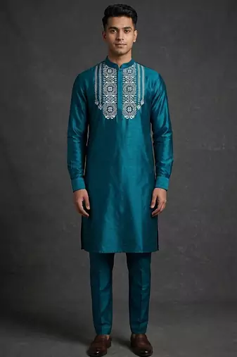 Teal silk kurta set for men's