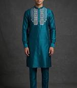 Teal silk kurta set for men's