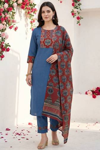 Women Ethnic Motifs Yoke Design Regular Thread Work Pure Cotton Kurta with Trousers & With Dupatta