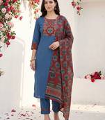 Women Ethnic Motifs Yoke Design Regular Thread Work Pure Cotton Kurta with Trousers & With Dupatta