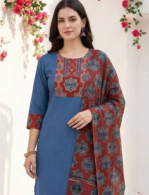 Women Ethnic Motifs Yoke Design Regular Thread Work Pure Cotton Kurta with Trousers & With Dupatta 2