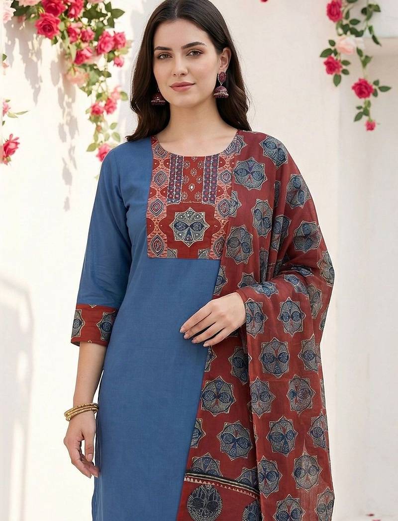 Women Ethnic Motifs Yoke Design Regular Thread Work Pure Cotton Kurta with Trousers & With Dupatta