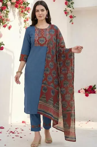 Women Ethnic Motifs Yoke Design Regular Thread Work Pure Cotton Kurta with Trousers & With Dupatta