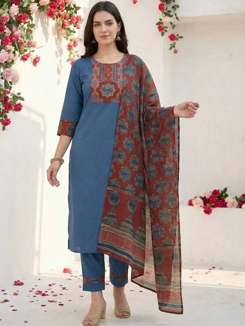 Women Ethnic Motifs Yoke Design Regular Thread Work Pure Cotton Kurta with Trousers & With Dupatta