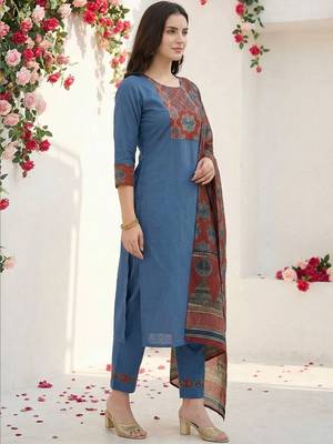 Women Ethnic Motifs Yoke Design Regular Thread Work Pure Cotton Kurta with Trousers & With Dupatta 4