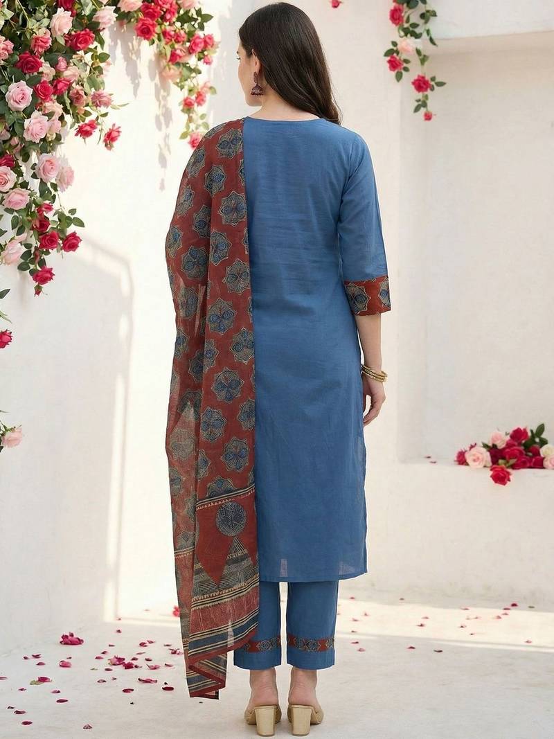 Women Ethnic Motifs Yoke Design Regular Thread Work Pure Cotton Kurta with Trousers & With Dupatta