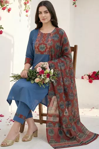 Women Ethnic Motifs Yoke Design Regular Thread Work Pure Cotton Kurta with Trousers & With Dupatta