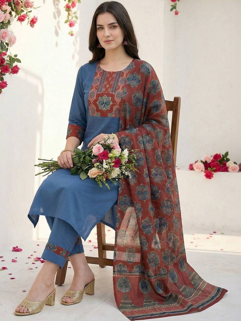 Women Ethnic Motifs Yoke Design Regular Thread Work Pure Cotton Kurta with Trousers & With Dupatta