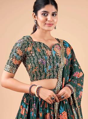 Digital Floral Print Faux Georget Multi Sequnce Work Lehenga Choli With Unstitched Blouse and Stitched Dupatta 5