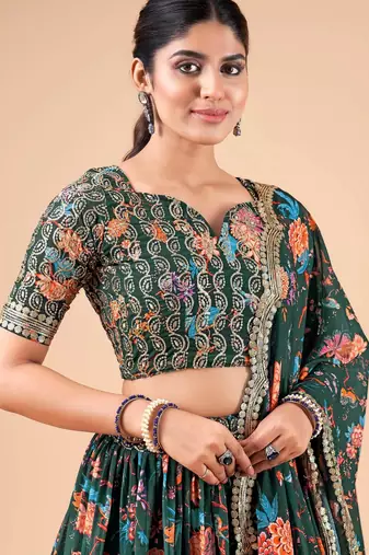 Digital Floral Print Faux Georget Multi Sequnce Work Lehenga Choli With Unstitched Blouse and Stitched Dupatta