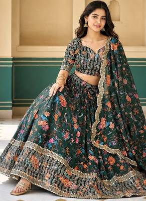 Digital Floral Print Faux Georget Multi Sequnce Work Lehenga Choli With Unstitched Blouse and Stitched Dupatta 6