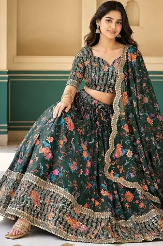 Digital Floral Print Faux Georget Multi Sequnce Work Lehenga Choli With Unstitched Blouse and Stitched Dupatta