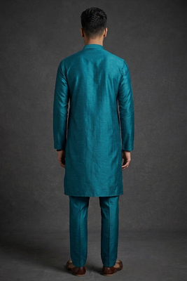 Teal silk kurta set for men's 2