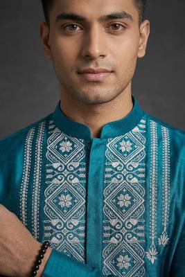Teal silk kurta set for men's 3