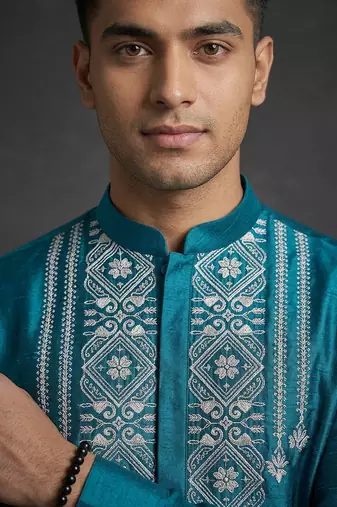 Teal silk kurta set for men's