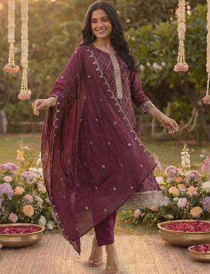 Women Ethnic Motifs Embroidered Regular Thread Work Kurta with Trousers & With Dupatta 1