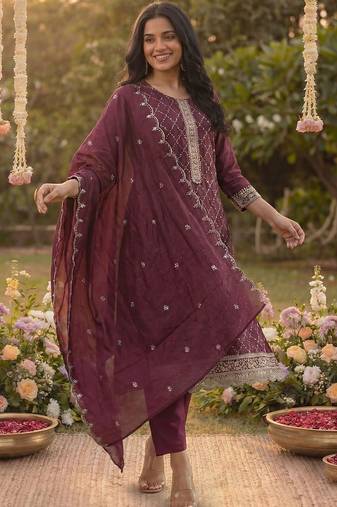 Women Ethnic Motifs Embroidered Regular Thread Work Kurta with Trousers & With Dupatta