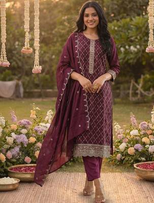 Women Ethnic Motifs Embroidered Regular Thread Work Kurta with Trousers & With Dupatta 5