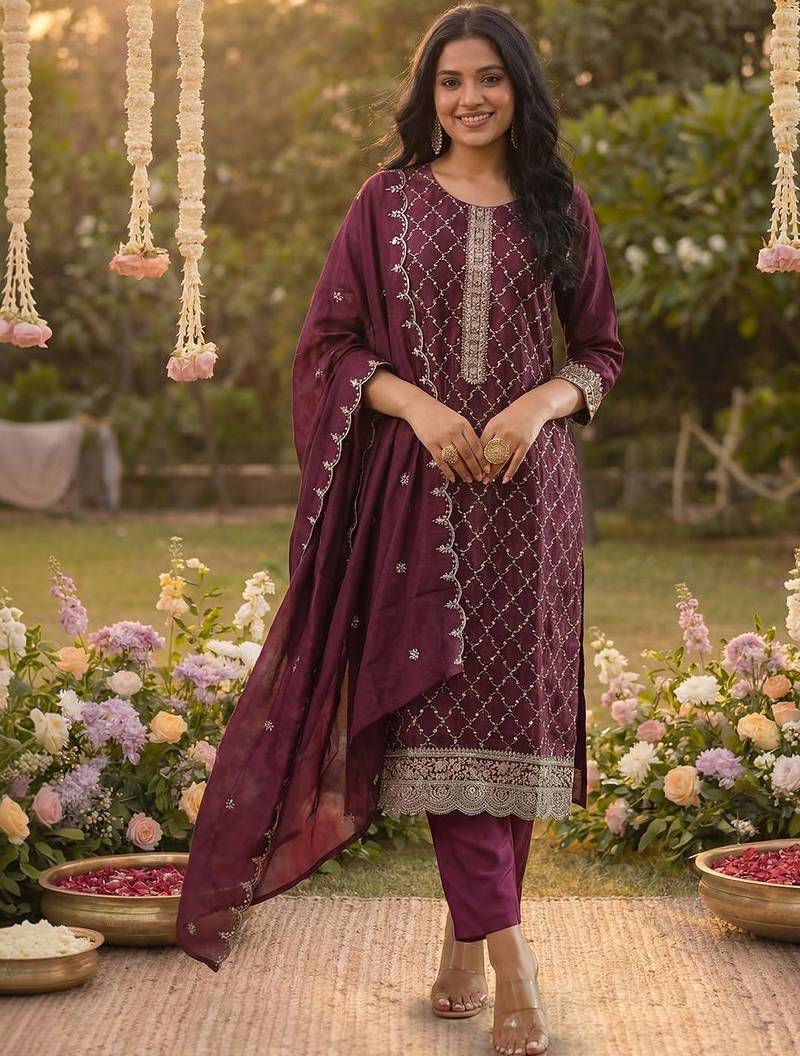 Women Ethnic Motifs Embroidered Regular Thread Work Kurta with Trousers & With Dupatta