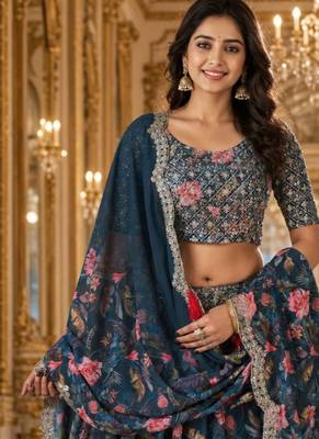 Digital Floral Print Faux Georget Multi Sequnce Work Lehenga Choli With Unstitched Blouse and Stitched Dupatta 4