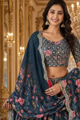 Digital Floral Print Faux Georget Multi Sequnce Work Lehenga Choli With Unstitched Blouse and Stitched Dupatta