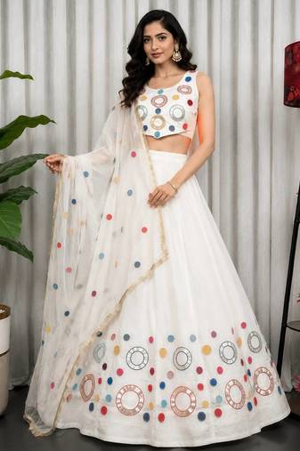 Ivory White Embroidered Lehenga Choli with Matching Dupatta - Full stitched free size